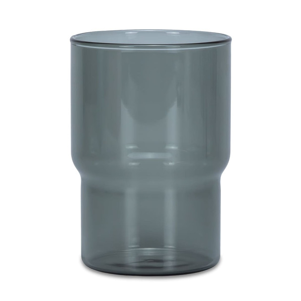 A drink tumbler in a transparent smokey grey colour with a distinctive curved design. Includes a logo.