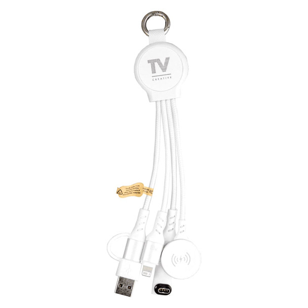 A white 6-in-1 multi charging cable with multiple connectors and a branding logo.