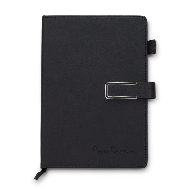 A black weekly diary with a clasp and a logo, featuring a simple and elegant design.