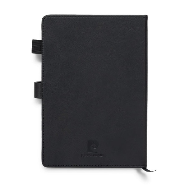 A black weekly diary with a textured cover and ribbon bookmarks, featuring a logo on the front.