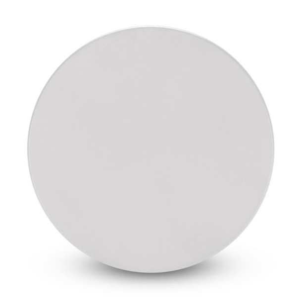 A round, white magnetic badge with a smooth surface, featuring a branding logo on one side.
