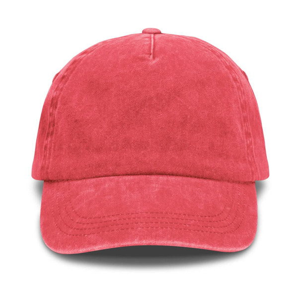 A vintage washed cap in a vibrant coral shade, featuring a curved brim and a logo on the front.