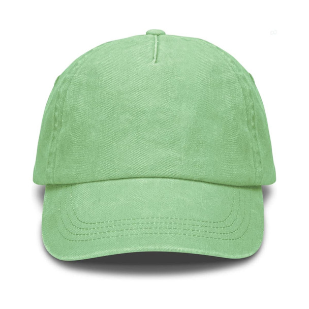 A vintage washed cap in a light green colour with a curved brim and a branding logo on the front.