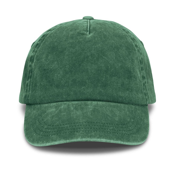 A green vintage washed cap with a soft texture and structured design, featuring a logo on the front.