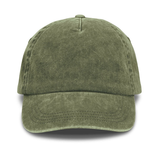 A vintage washed cap in olive green with a curved brim and a logo on the front.