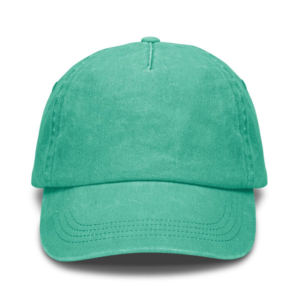 A vintage washed cap in a vibrant turquoise colour, featuring six panels and a logo.