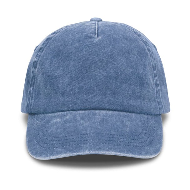 A vintage washed blue cap with a curved brim and a textured finish. Features a logo on the front.