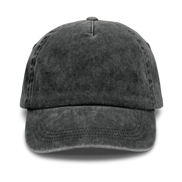 A vintage washed cap in dark grey with a curved brim and a logo at the front.