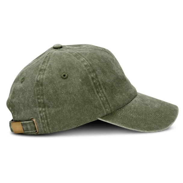 A vintage washed cap in olive green with a curved brim and adjustable strap, featuring a logo on the side.