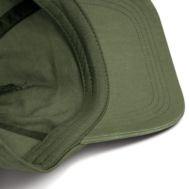 A vintage washed cap in olive green with a curved brim and stitched detailing, featuring a logo on the front.