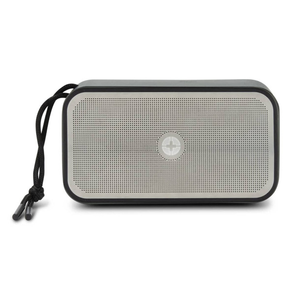 A rectangular grey bass speaker with a mesh front and a black cord attached for easy carrying.