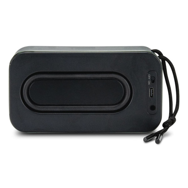 A black bass speaker with a smooth surface, featuring a USB port and a cord for easy carrying.