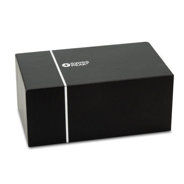 A black rectangular box featuring a logo on the front, designed for the Swiss Peak 10W Bass Speaker.