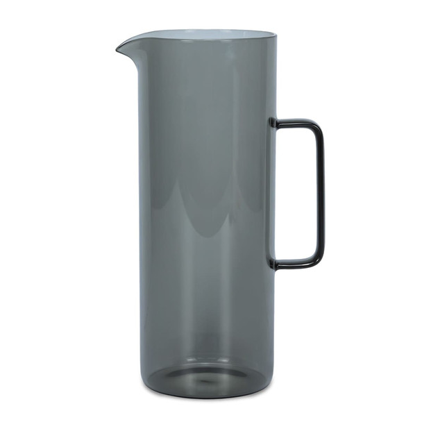 A drink bottle in a sleek, smoky grey colour with a prominent handle and a spout, featuring a logo.