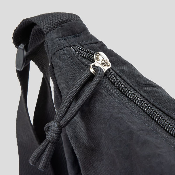 A black bag featuring a zip closure and adjustable strap, with a woven texture. It includes a logo on the side.