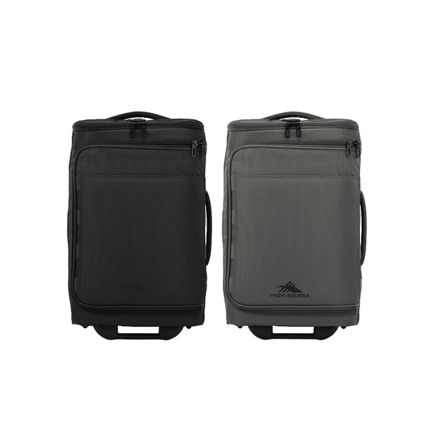 A wheeled duffle bag in black and grey with zippers and handles, featuring a logo on the side.