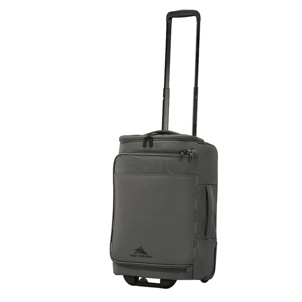 A grey wheeled duffle bag with a telescopic handle and multiple zippered compartments, featuring a logo.