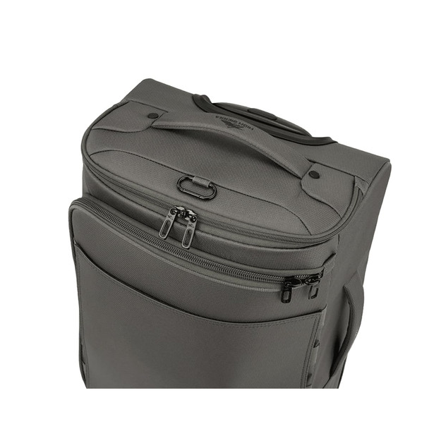 A wheeled duffle bag in grey with multiple zippered compartments and a sturdy handle for transport.