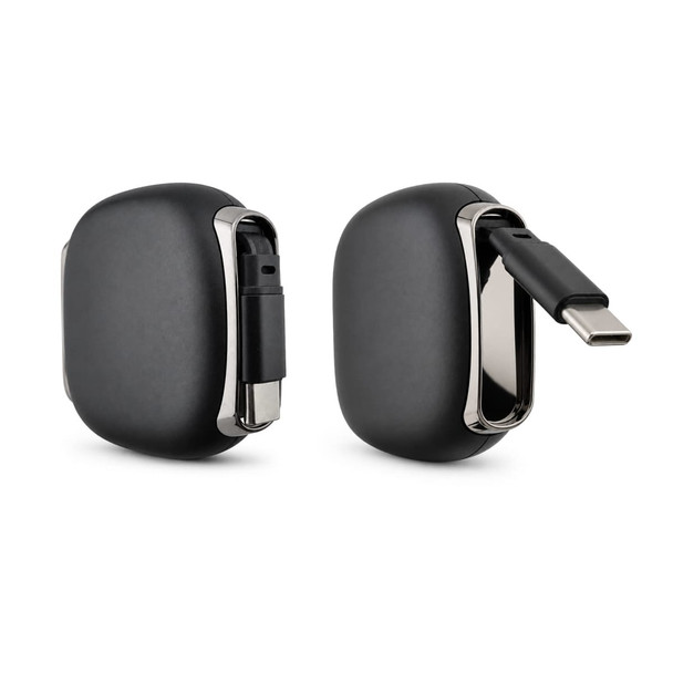 A compact black cable reel featuring a USB-C connector, with a polished silver clip.