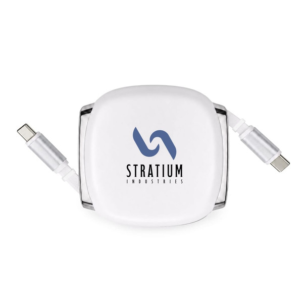A compact white retractable charging cable with two connectors and a branded logo on the surface.