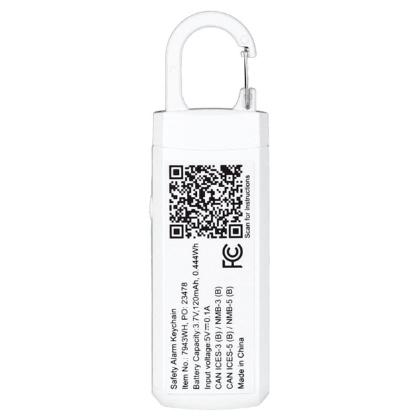 A white safety alarm keychain featuring a hook for attachment and a branding logo on one side.