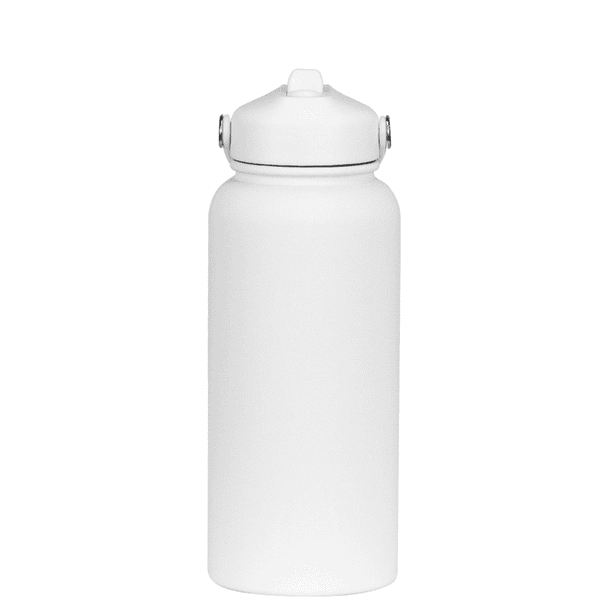 A white drink bottle with a screw-top lid and silver accents. It features a simple design and has a logo.