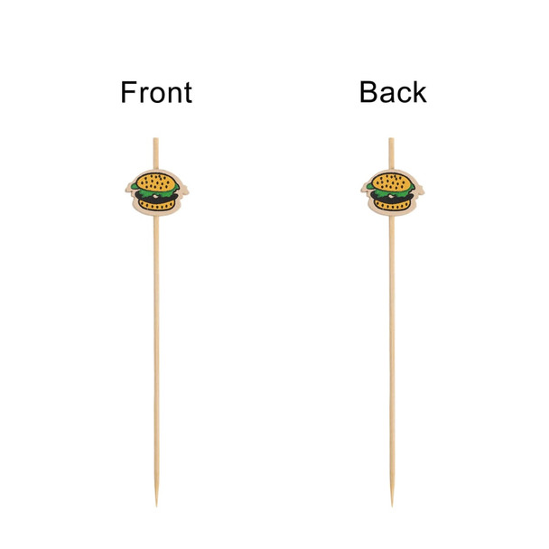 Bamboo cocktail skewers in natural colour, featuring a burger design on the top. Pack of 100 with logos.