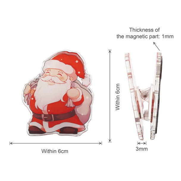 A Santa-themed acrylic magnetic clip in red and white, featuring a jolly Santa Claus design. Includes a branding logo.