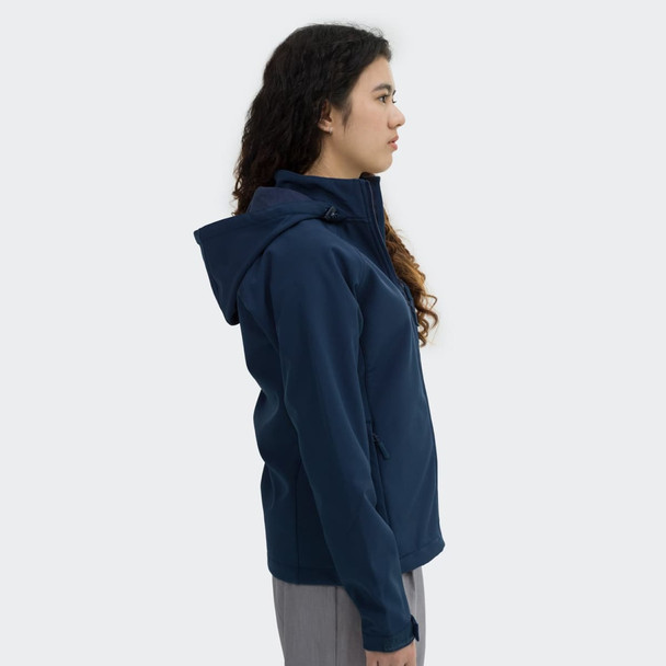 A navy soft shell jacket with a hood, featuring a sleek design and a fitted silhouette.
