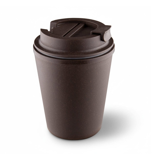 A drink bottle in a dark brown colour, featuring a cup design and a lid, with a branding logo present.