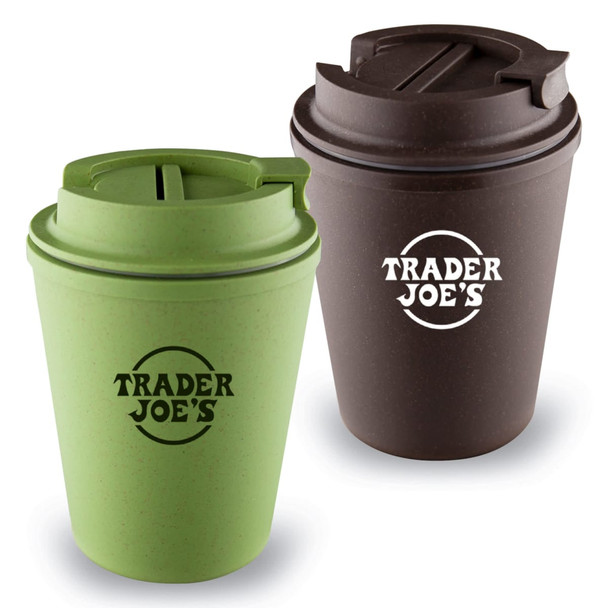 A drink bottle featuring a green and brown design with a lid, displaying a logo on both cups.