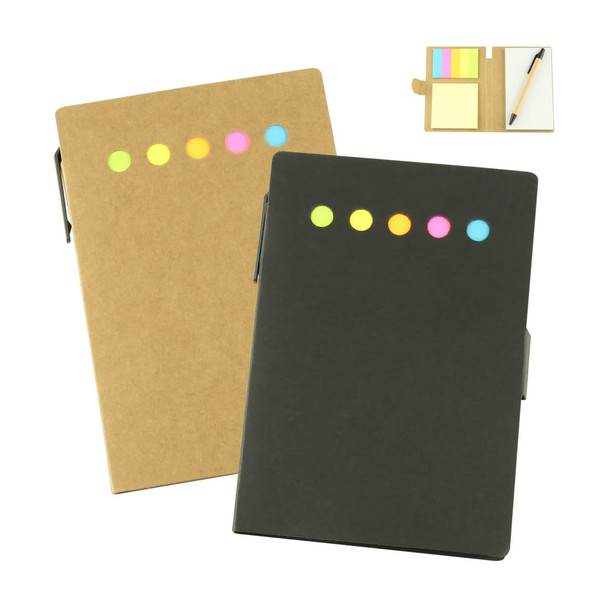 Two sticky note pads, one brown and one black, featuring brightly coloured sticky flags. Includes a pen holder.