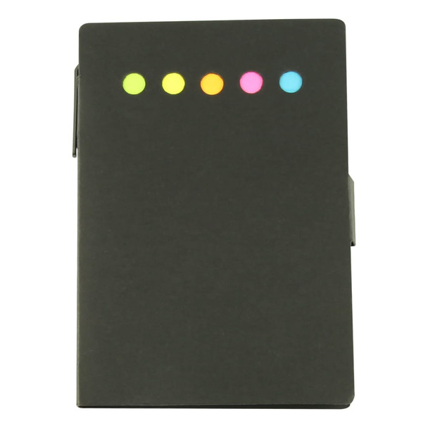 A black sticky note pad with five colourful dots along the top and a clip on the side. It features a logo.