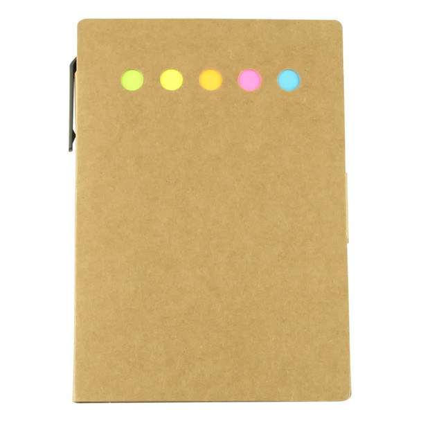 A sticky note pad in a brown cover featuring five colourful tabs in yellow, green, pink, and blue, with a black pen.
