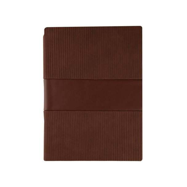 A brown notebook with ribbed texture and a smooth band across the centre. Includes a logo on the cover.