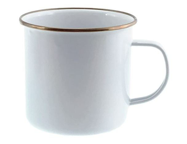 A 500ml white enamel mug with a gold-rimmed edge and a handle. It features a logo.