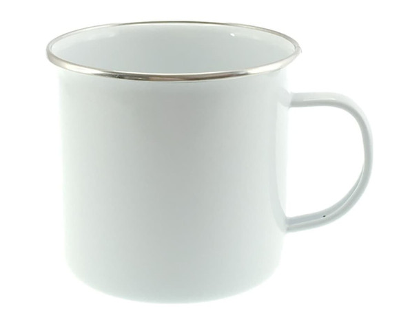 A white rimmed enamel mug with a silver trim and a handle, suitable for various beverages.