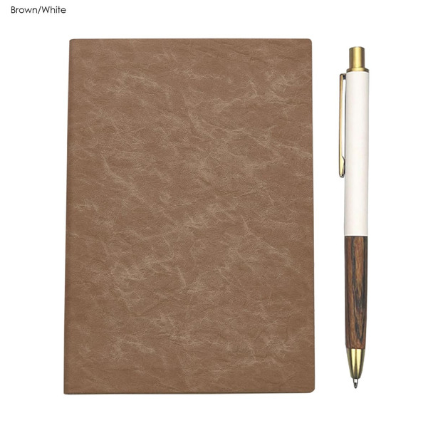 A brown notebook with a textured cover and a white pen with a wooden design, featuring a logo.