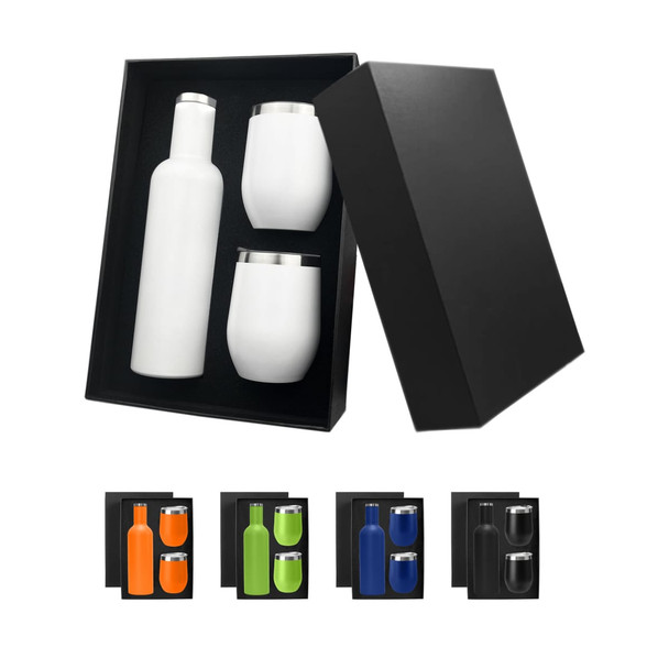 A drink bottle and two drink tumblers in a gift box, featuring white and stainless steel accents, with assorted colour options.