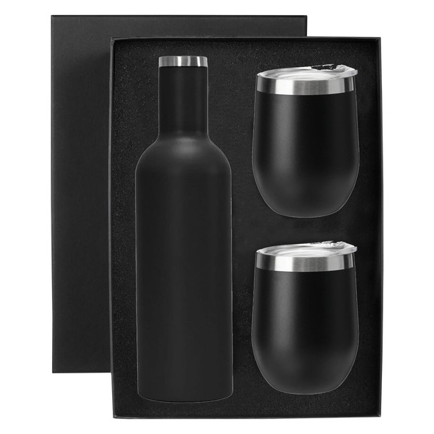 A drink bottle and two matching cups in sleek black packaging, featuring a metallic finish on the lids.