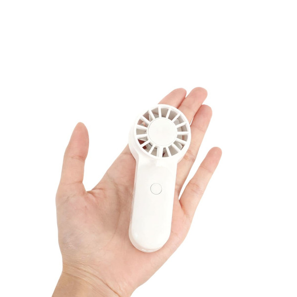 A portable handheld fan in white, fitting comfortably in a person's hand, featuring a circular grille and a button.