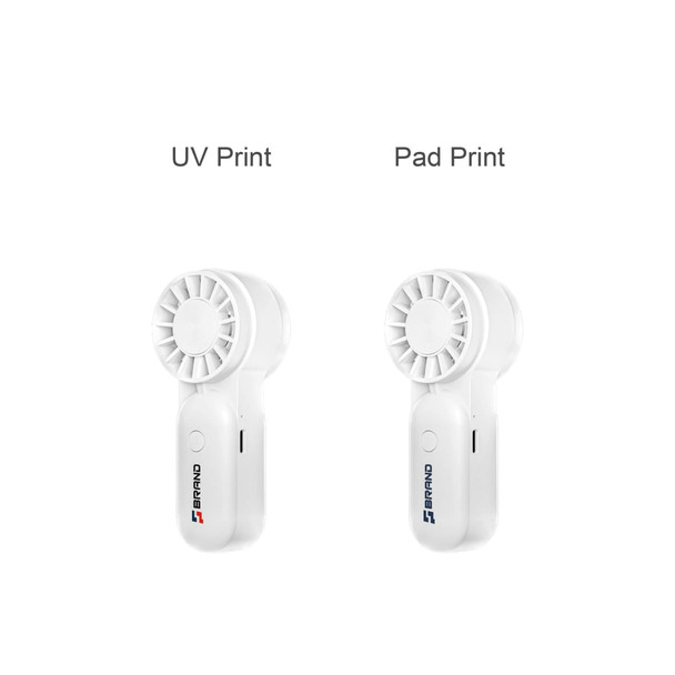 A mini portable handheld fan in white, featuring two designs with different print methods and a brand logo.