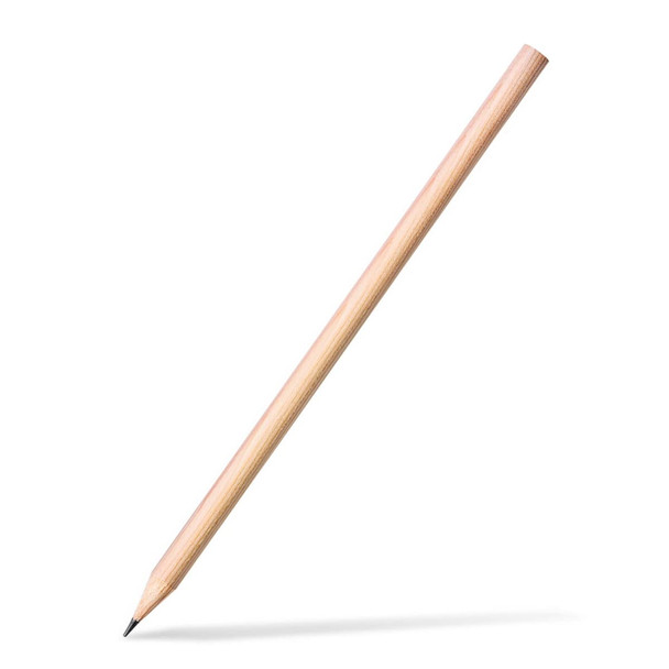 A wooden round-barrel graphite pencil with a sharpened graphite tip, featuring a simple design and natural finish.