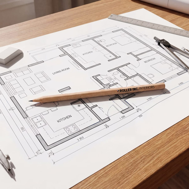 A round barrel graphite pencil in natural wood colour resting on a blueprint of a house layout on a wooden table.