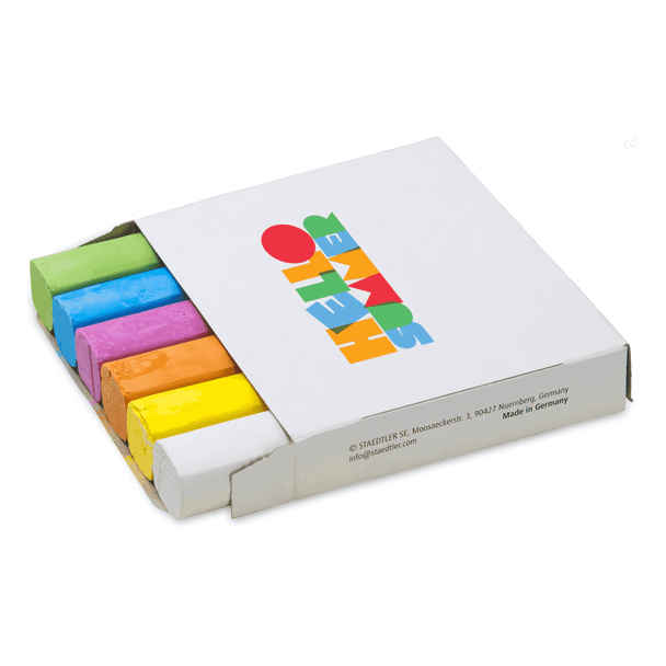 A box containing six assorted pieces of sidewalk chalk in purple, blue, green, yellow, orange, and white.