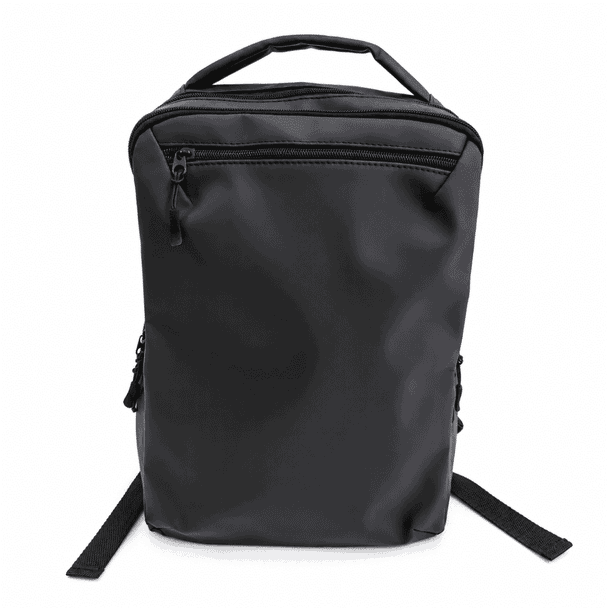 A black soft PU backpack with a top handle, zippered front pocket, and adjustable shoulder straps. Features a logo.