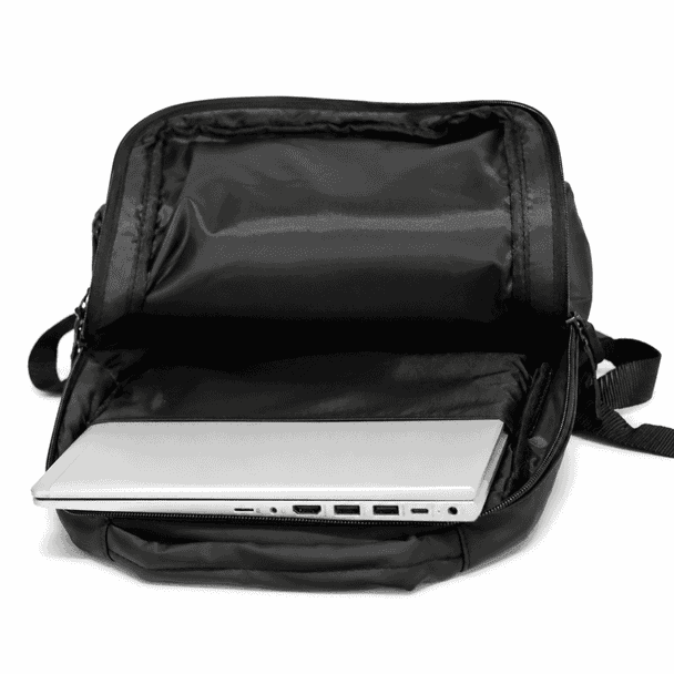 A black soft PU backpack with an open compartment featuring a silver laptop inside.