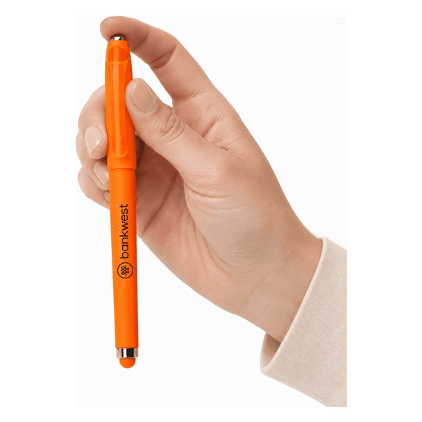 An orange Fidget Gel Pen held in a hand, featuring a logo on its side.