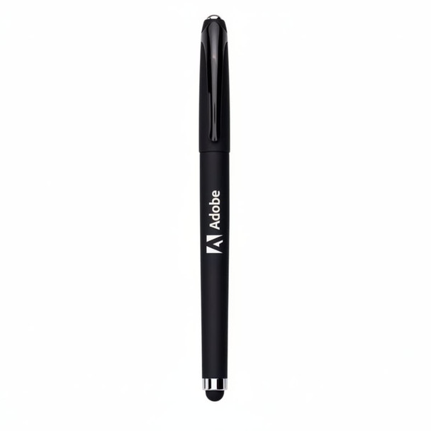 A black gel pen with a sleek design and a clip, featuring a logo.