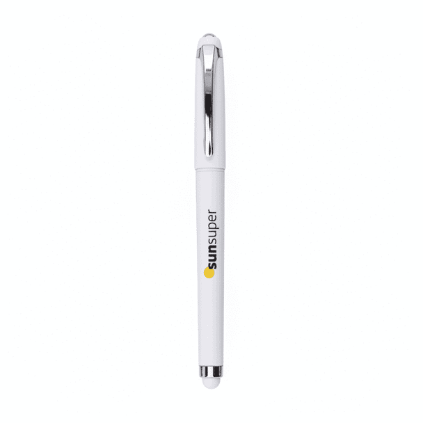 A white gel pen with a shiny silver clip and a logo on the barrel.